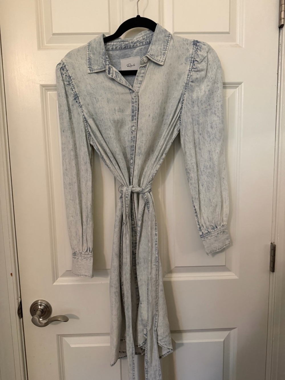 Rails Acid Wash Blue Denim Mini Shirt Dress with Tie